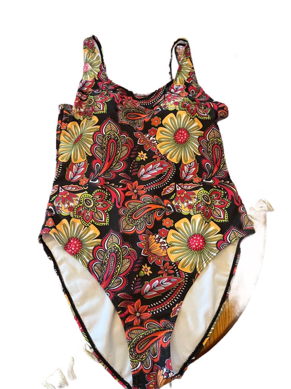 Women’s Floral One-Piece Swimsuit - Black with Yellow & Pink Floral Print.